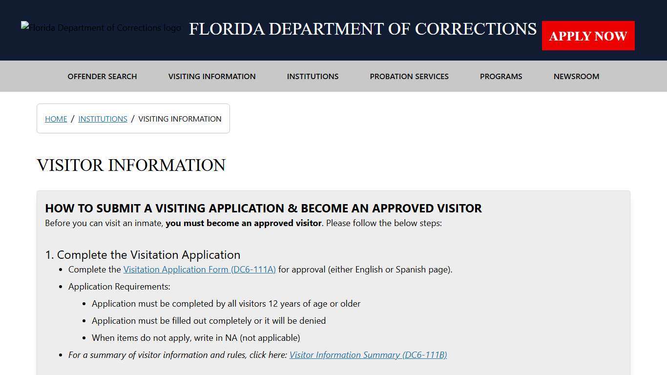 Visiting Information / Institutions - Florida Department of Corrections